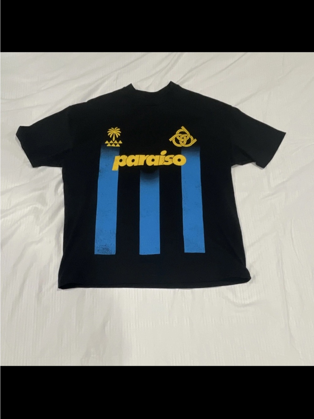ASOS Black Short Sleeve Tee with Blue Stripes and Yellow 'paraiso' Logo